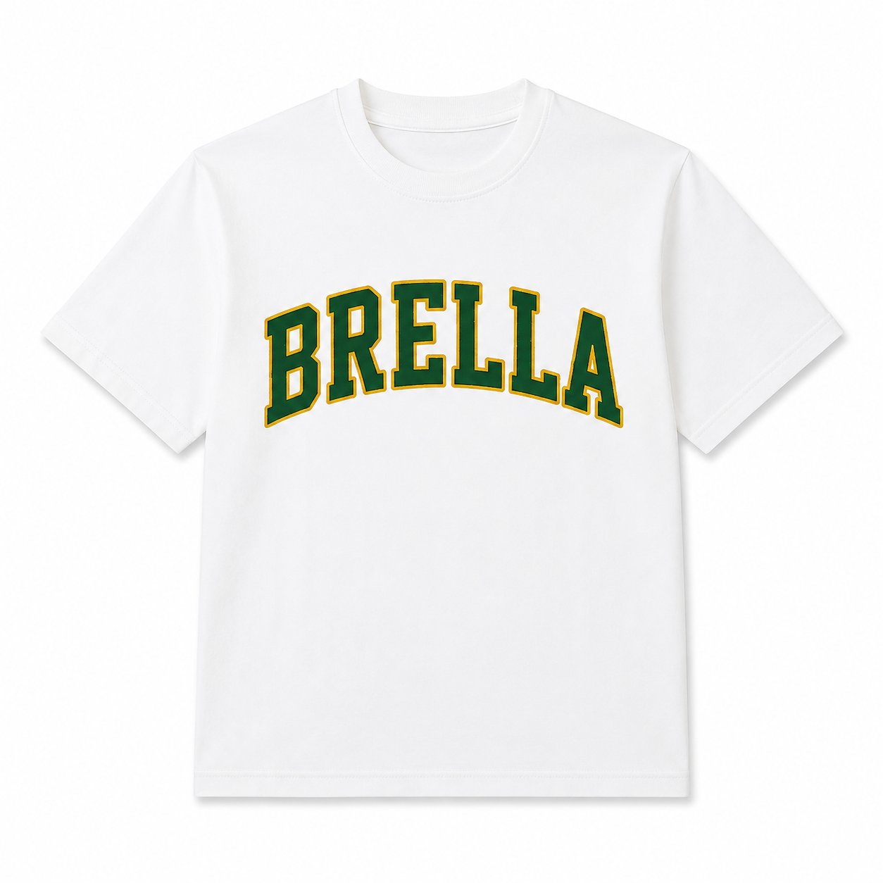 BRELLA Varsity Tee — Green / Gold lettering on cream